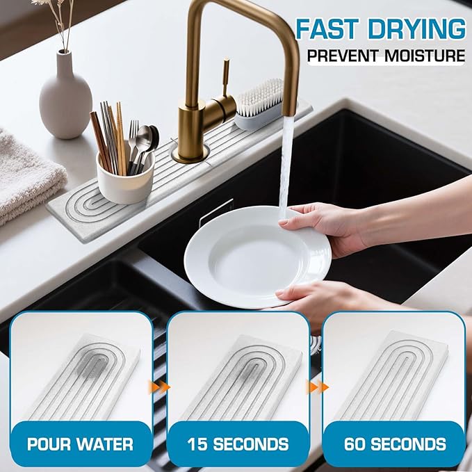 Faucet Mat for Kitchen Sink, Diatomite Quick Drying Tray, Long 23.6'' Kitchen Sink Splash Guard and Bathroom Stone Tray for Counter. Super Absorben. (White-Rectangle, 15.7" x 4")