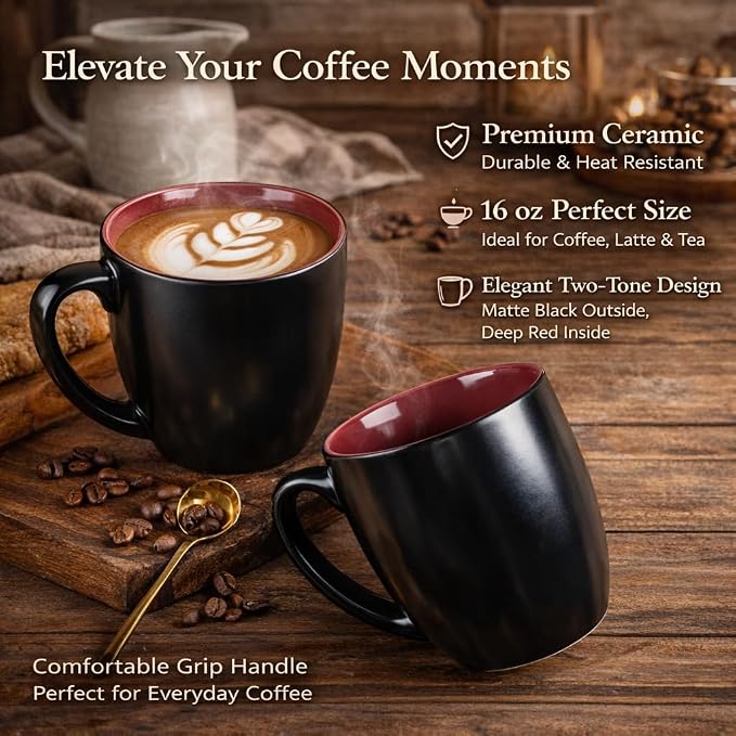 GBhome 16oz Coffee Mugs Set of 6, Large Ceramic Coffee Mugs for Man, Woman, Dad, Mom, Modern Coffee Mugs Set with handle for Tea/Latte/Cappuccino/Milk/Cocoa. Dishwasher&Microwave Safe,Red