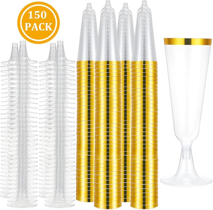 CHENGU 150 Pcs Champagne Flutes 5 Oz Plastic Disposable Champagne Flutes Crystal Wine Glasses Reusable Plastic Cocktail Cups for Wedding Celebration Toasting Drinking (Gold,Classic)