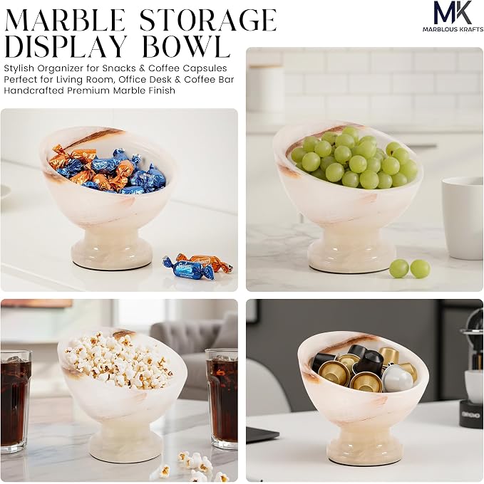 Marblous Krafts White Onyx Marble Coffee Pods Holder for Counter 7 Inch Espresso Accessories Storage Bowl, Pod Organizer, Coffee Bar Decor, Stone Kitchen Countertop Holder & Decorative Bowl for Fruit