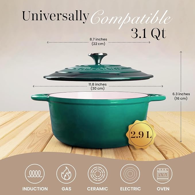 Cast Iron Dutch Oven with Lid - Non-Stick Ovenproof Enamelled Casserole Pot - Sturdy Dutch Oven Cookware - Dark Green, 3.1-Quart, 22cm-by Nuovva