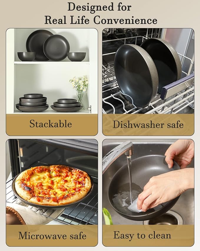 Plates and Bowls Sets, 12-Pieces Stoneware Dinnerware Set Ceramic, Matte Black Dishes Set for 4, Scratch Resistant, Microwave and Dishwasher Safe Tableware, Porcelain