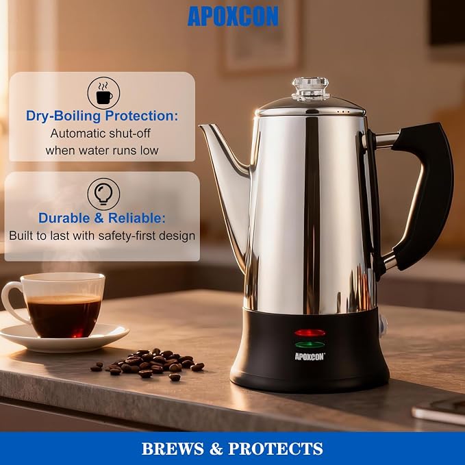 APOXCON Electric Coffee Percolator Stainless Steel Coffee Maker with Clear Brew Progress Tough Glass Knob, Keep Warm & Cordless Serve Classic Coffee Pot - No Aluminum No Plastic Contact (12 Cup)