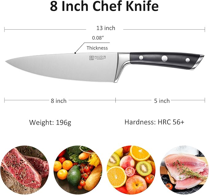 PAUDIN 8-Inch Chef's Knife – Ultra-Sharp High Carbon Stainless Steel Blade, Ergonomic Handle, Professional Quality Kitchen Knife in Gift Box for Home & Restaurant Use