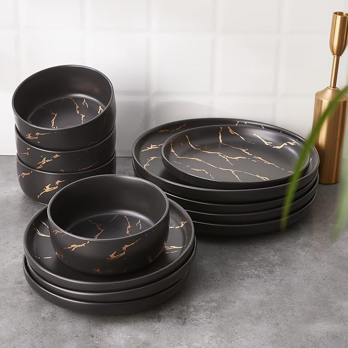 Pokini Black Gold Splash Dinnerware Sets, Marble Porcelain Plates and Bowls Sets, Modern Luxury Dish Set for 4, 12 Pieces Fine China Plates Set for Formal Dinners and Anniversaries
