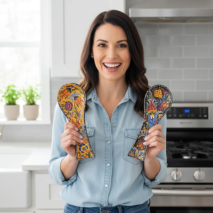 BCS Spoon Rest Set of 2 - Ceramic Spoon Holder for Stovetop & Kitchen Counter - Dishwasher Safe Handmade Kitchen Utensil (Yellow-Black 3.5” W x 9" L)