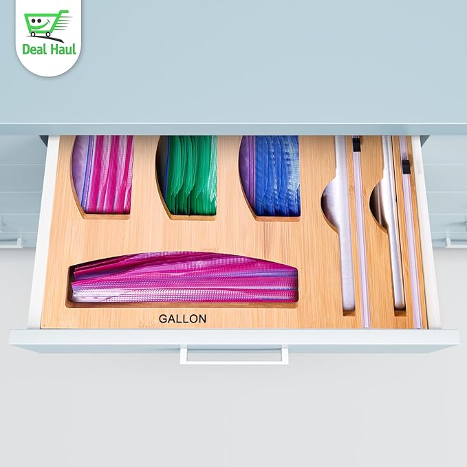 Ziplock Bag Organizer and Plastic Wrap Dispenser with cutter for Kitchen Drawer - 6 IN 1 Bamboo Ziplock Storage, Sandwich Bag Organizer, for Gallon, Quart, Sandwich, Snack