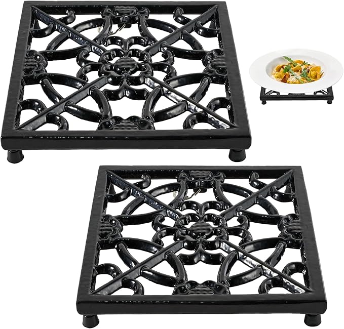 JOGREFUL 2 Pack Cast Iron Trivet Mats, Kitchen Pot Holders to Portect Table/Countertops, Heat Resistant Mats for Teapot/Hot Dishers/Plates, Vintage Mats with Weighted-Base, Flower Black