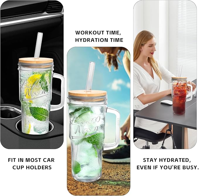 ANOTION Glass Cups with Lids and Straws - 24 oz Tumbler with Handle Christmas Coffee Cups Glass Straws Mason Jar Cups Drinking Set Kitchen Essentials Coffee Bar House Warming Gifts New Home