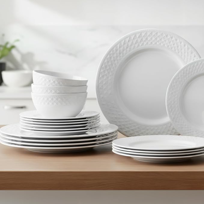 18-Piece Bone China Dinnerware Set for 6, White embossed dinnerware set, Plates and Bowls with Textured Design, Microwave Dishwasher Safe