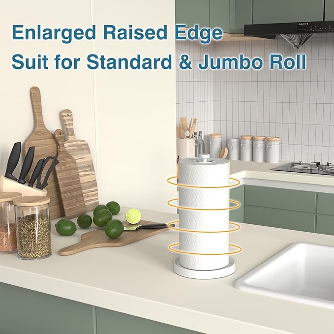 White Paper Towel Holder Countertop, White Kitchen Accessories Decor, Stainless Steel, Weighted Base, Paper Towel Roll Holder Stand with Ratchet Mechanism for Kitchen Bathroom Farmhouse Essentials