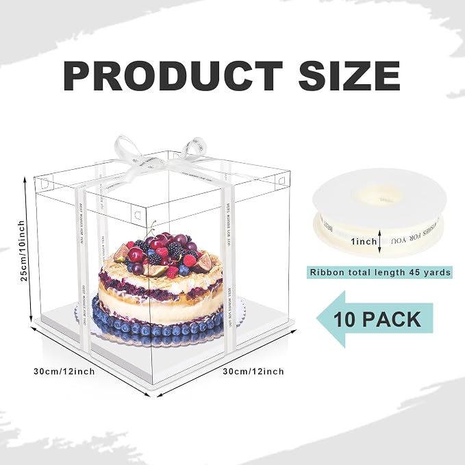 Maxdot 10 Pcs Transparent Tall Cake Boxes 12" x 12" x 10" Large Clear Cake Box with Ribbon Cake Carrier PET Wedding Cake Storage Container Clear Gift Boxes for Party Birthday Dessert Display (Beige)