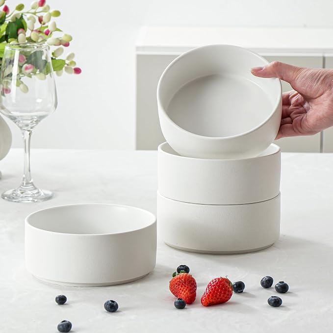26 OZ Ceramic Cereal Bowls Set, 6 Inch, Set of 4, Modern White | Handcrafted, Dishwasher & Microwave Safe, For Breakfast, Soups, Oatmeal, Ramen, Pho, Udon, Soba