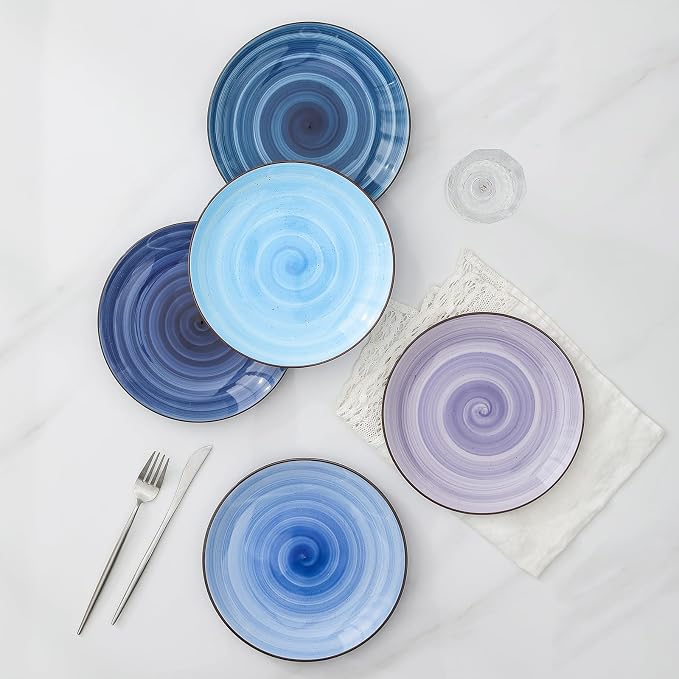 Selamica Ceramic Dinnerware Sets for 6, 18 Pieces Plates and Bowls Set, Scratch Resistant Dishes Set, Handpainted Swirl with Spot Dishwasher & Microwave Safe, Gradient Blue