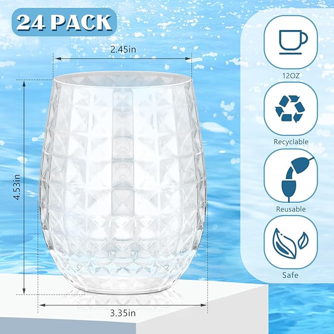 Ctosree 24 Set Tiki Pineapple Glasses 12 oz Plastic Cocktail Wine Glasses Hawaiian Tiki Cups Clear Stemless Reusable Pina Colada Cups Shatterproof Unbreakable Whiskey Mug for Tropical Bar Summer Party