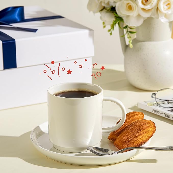 Sweese 10 Oz Stackable White Coffee Mug, Porcelain Coffee Mugs Sets of 6, Coffee Cups with Handle for Specialty Coffee Drinks, Cappuccino, Cafe Mocha, Latte and Tea, White