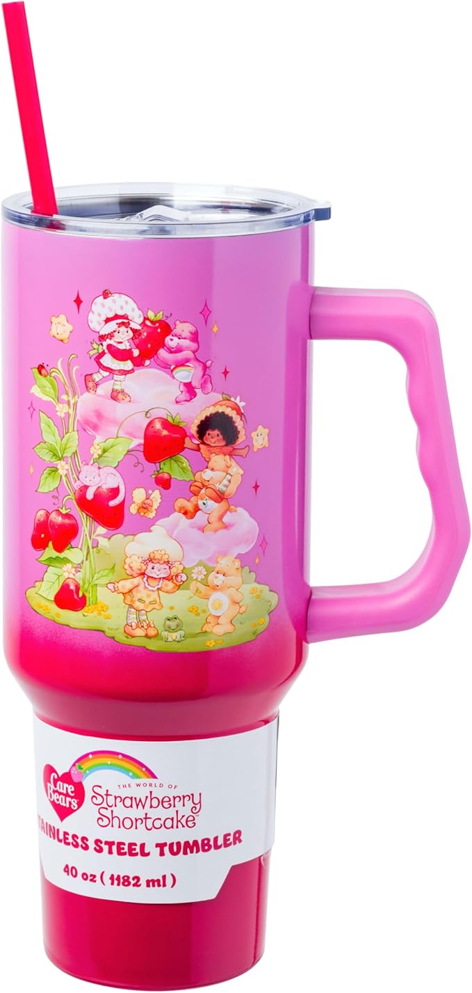 Silver Buffalo Care Bears and Strawberry Shortcake Ombre Double Walled Stainless Steel Tumbler with Handle, Fits in Standard Cup Holder, 40 Ounces