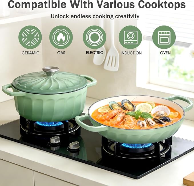 Enameled Cast Iron Dutch Oven, 3.8 Quart Dutch Oven Pot with Lid, Shallow Cast Iron Braiser with Handles, Oven Safe up to 500°F (Pistachio Green)