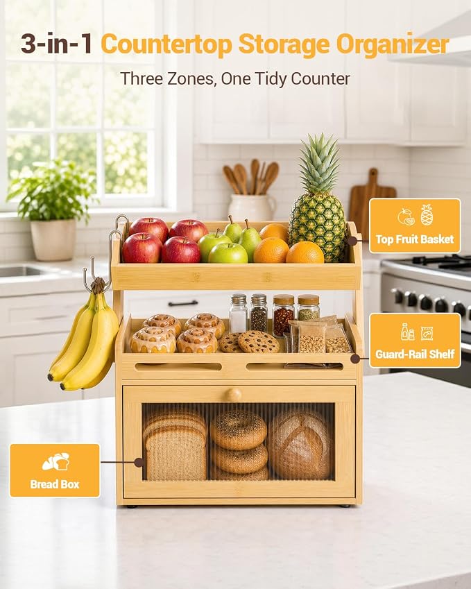 Bread Box for Kitchen Countertop, Bamboo Bread Storage Container with Fruit Basket, Clear Door & Magnetic Closure, Raised-Rail Shelves & 2 Banana Hooks, Farmhouse Pantry Organizer