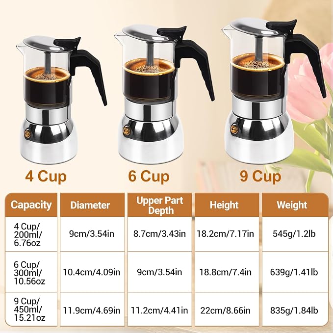 No Coating 4 Cup Glass Clear Moka Pot Thickened 304 Stainless Steel Stovetop Espresso Maker Italian Coffee Machine 200ml 6.8oz Classic Mocha Cafe Greca Coffee Suitable for Gas Induction