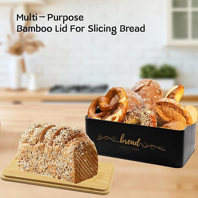 Bread Box with Bamboo Cutting Board Lid, Metal Bread Box for Kitchen Counter, Small Bread Storage Container, Black Bread bin for Kitchen Countertop