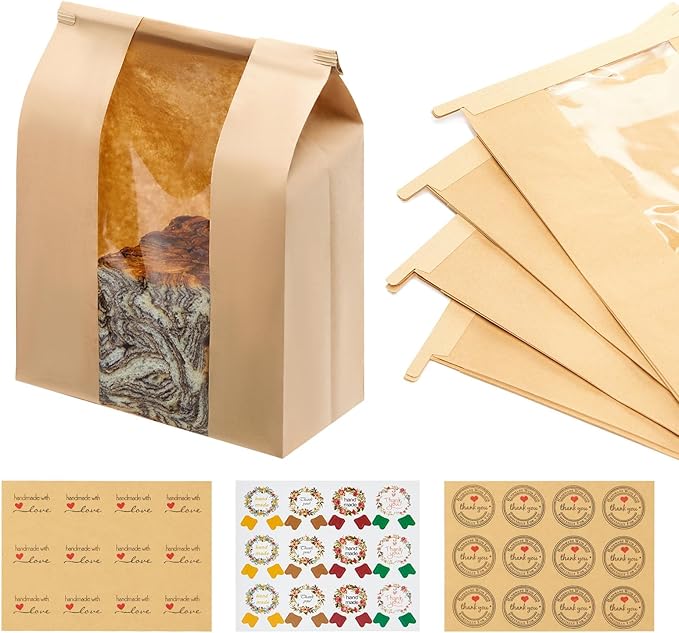 240 Pack Large Kraft Paper Bread Loaf Bag with Tin Tie Tab Lock ，for Homemade Bread Loaf Bags 14" x 8.3" x 3.5"，Sourdough Bread Bags with Clear Front Window for Baked Food Packaging Storage. (240) | 240 Pack Bread Bags, Clear Front Window, Tin Tie Tab ...