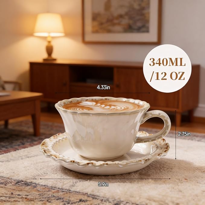 Vintage Porcelain Coffee Cup and Saucer Set, 12 OZ Ceramic Latte Mug - Farmhouse Cappuccino Cups for Espresso and Turkish Coffee, Artisan Tea Cups, Great Barista Gift for Home Cafe