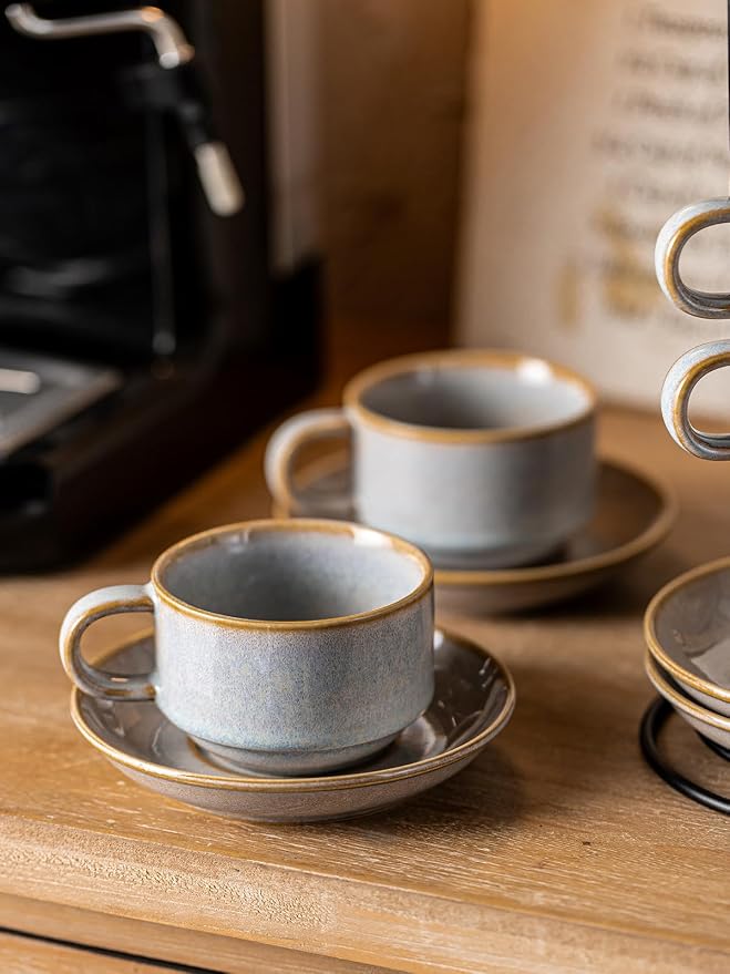 Gomakren 6 Ounce Cappuccino Cups with Saucers and Metal Stand, Stackable Coffee Cup Set of 4, Father's Day Porcelain Espresso Cups for Coffee Drinks, Cappuccino, Latte, Americano, Tea, Gray