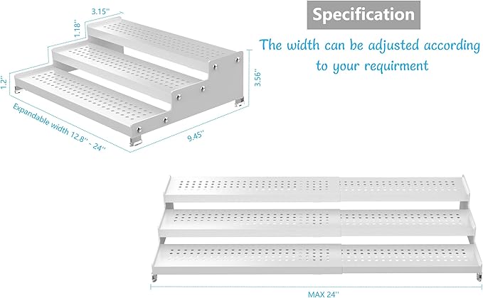 Jojocross Spice Rack Organizer for Cabinet, 3 Tier Expandable shelf, Great for Kitchen Cabinets, Cupboard,Pantry and more,Metal plate with hole (1 Pack/White,9.45" D x 12.8"~24“L x 3.56" H)