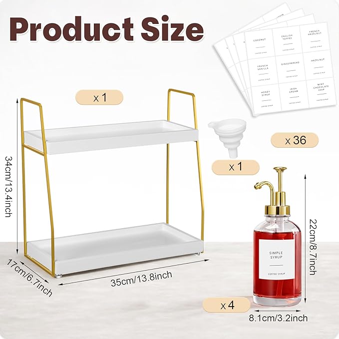 Leinuosen Coffee Bar Accessories, 2 Tier Wooden Cup Organizer Station and 4 Coffee Syrup Dispenser, 16.9 oz 500ml Glass Syrup Dispenser with 36 Labels and 1 Silicone Funnel(Gold)