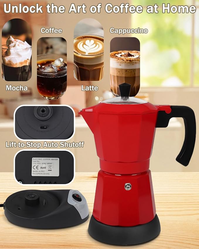 Electric Moka Pot with Detachable Base Aluminum Espresso Maker 10oz 6 Cup 300ml Red Italian Coffee Maker for Kitchen Home 110V