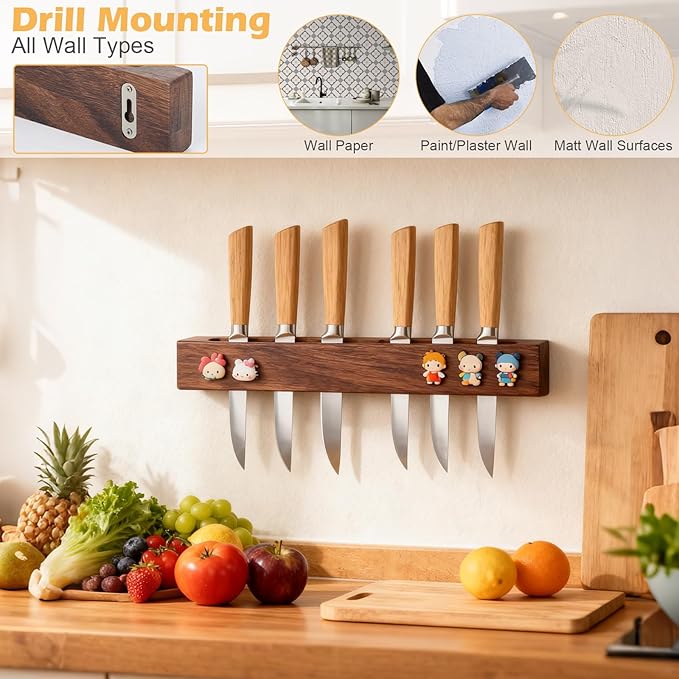 16 Inch Magnetic Knife Holder for Wall Wooden Magnetic Knife Strip Under Cabinet Magnet Knives Storage Kitchen Knife Rack kitchen Magnetic Utensil holder for Kitchen Utensils & Tools, Walnut