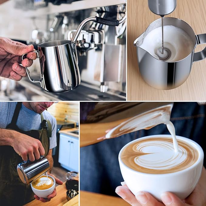 Milk Frothing Pitcher, Thicker Version 350ml 12oz Steaming Pitchers Stainless Steel Milk Coffee Cappuccino Latte Art Barista Steam Pitchers Milk Jug Cup with Decorating Pen