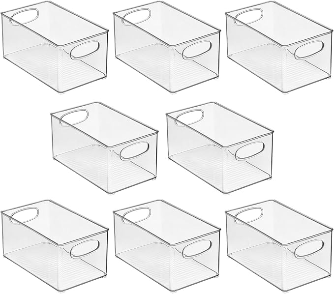 mDesign Plastic Home Closet Organizer - Basket Storage Holder Bin w/ Handles for Bedroom, Bathroom, Cabinet Shelves, Entryway, and Hallway - Holds Sweaters, Purses - Ligne Collection - 8 Pack - Clear