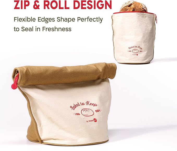 KNEADACE Reusable Bread Bags for Homemade Bread -Stylish Sourdough Bread Storage with Roll-Top Design, 100% Cotton & Food-Safe Lining, Freezer & Refrigerator Friendly, Gift for Bakers (Beige/Cream)