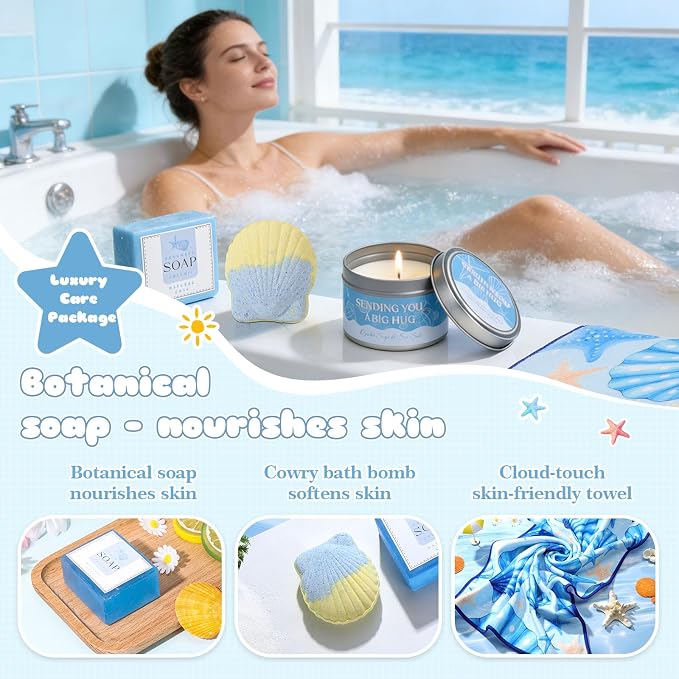 Self Care Gifts for Women,Ocean Birthday Gifts for Women,Spa Care Package | Blue Gift Box,Beach Gift Basket,Relaxation Spa Gifts Set for Women,Get Well Soon Gift,For Mom,Wife,Sister,Her,Best Friend