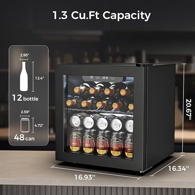 Electactic Wine Fridge Freestanding Counter-top 12 Bottles, 50 Cans Wine Cellar Drink Cooler for Soda, Canned Beer, Adjustable Digital Temperature Control for Home Dorm Office, Black