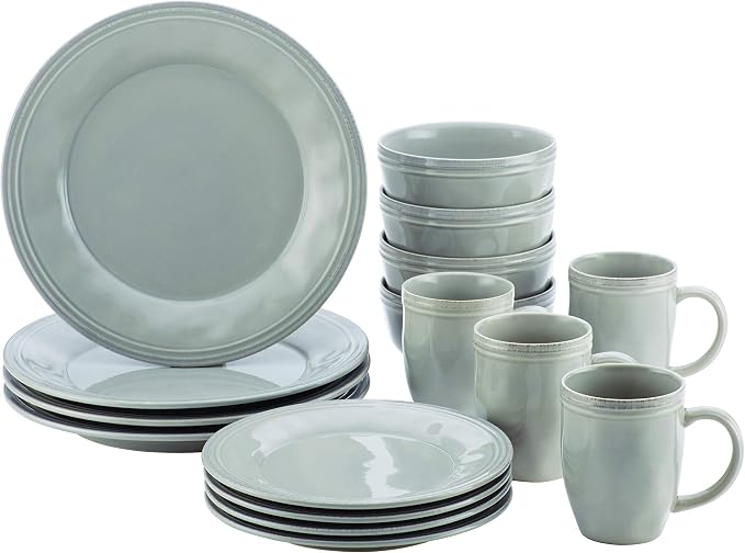 Rachael Ray Cucina Dinnerware 16-Piece Stoneware Dinnerware Set, Sea -Salt Grey
