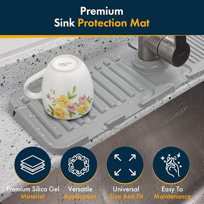 Kitchen Sink Faucet Mat, 2 Pack Silicone Splash Guard and Drip Catcher Tray, Sink Organizer, Sponge Holder & Drying Mat for Countertop (Grey)