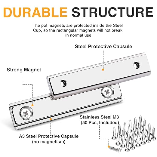 TRYMAG Strong Bar Magnets with Hole, 80 Lbs Heavy Duty Neodymium Rectangular Pot Magnet with Screws for Wall Mounting, 25 Pack Rare Earth Magnets Strips for Garage, Workshop - 60x13.5x5mm