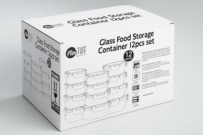 24pcs Set Food Storage Containers (12 Airtight & 12 Lids) | Glass Meal Prep Containers | Lunch Box | BPA Free, Leakproof Lids, Dishwasher, Microwave & Freezer Safe for Kitchen