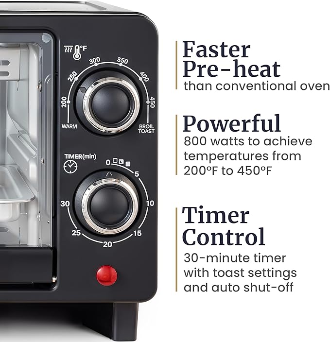Elite Gourmet ETO490 9L/4 Slice Countertop Toaster Oven with 30-Minute Timer, Adjustable Temperature Control, Includes Baking Pan, Wire Rack and Crumb Tray, Bake, Broil, Toast, Black