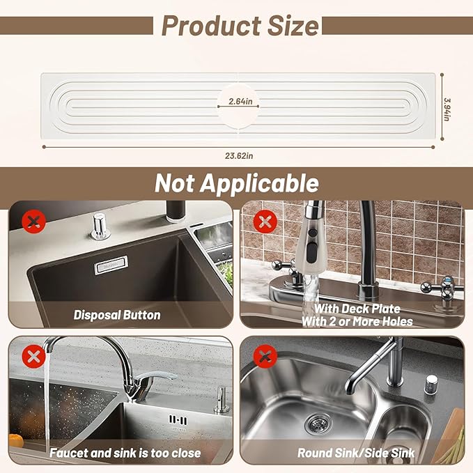 Faucet Mat for Kitchen Sink - 23.6" Diatomite Fast Drying Stone Sink Tray Absorbent Mat Faucet Splash Guard for Kitchen Sink and Bathroom Counter Drying Mat (White, 23.6"x 3.9")