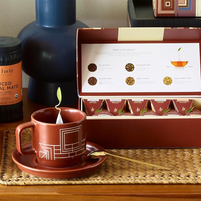 Tea Forte Porcelain Tea Cup and Lid, Steeps 8 oz., Microwave & Dishwasher Safe, Terra - Frank Lloyd Wright