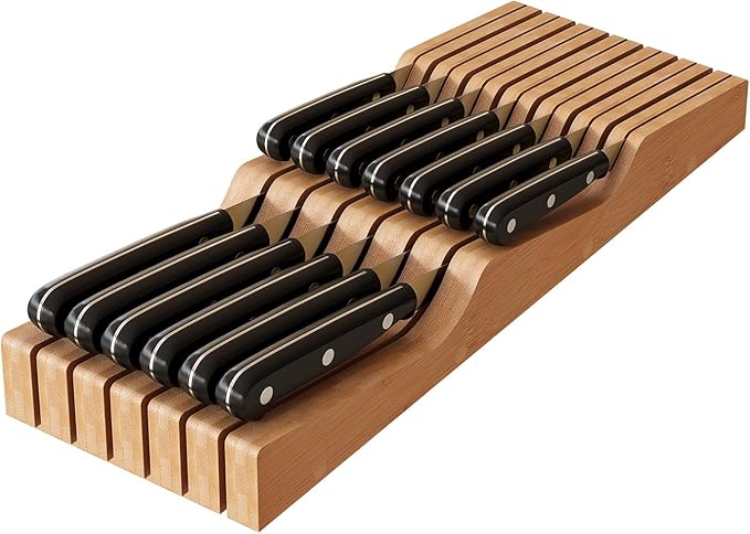 In-Drawer Knife Block Organizer - Bamboo Wood Drawer Knife Organizer-Protecting Knife Organizer Block (Not Included) (Natural, 13 Knives Dock)