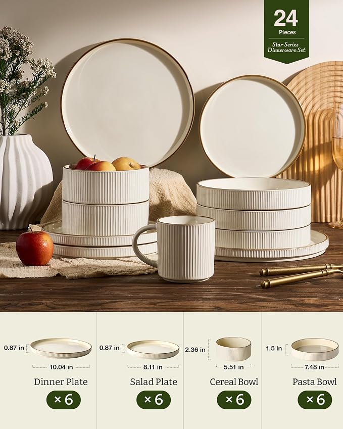 Famiware Star 24-Piece Stoneware Dinnerware Set with Trim, Service for 6 - Shallow Pasta Bowls & Flat Plates, Dishes for Everyday & Formal Use, Chip/Scratch Resistant, Microwave/Dishwasher Safe, Cream