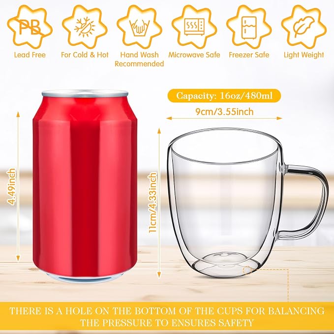 Patelai 8 Pcs 16oz Clear Glass Coffee Mugs Double Walled Coffee Cups Glasses Insulated Latte Mugs with Handle Espresso Clear Cups for Cappuccino Tea, Heat Resistant Glasses