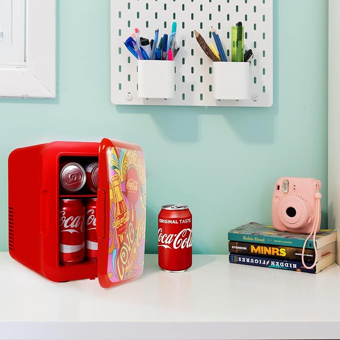 Coca Cola Mini Fridge - Refrigerator for Bedroom Office, Portable Table Top Beverage Cooler, 12V 110V Refrigerador For Drinks, Soda, Wine, Use In Car, Dorm, Outdoor, Patio, 6 Can