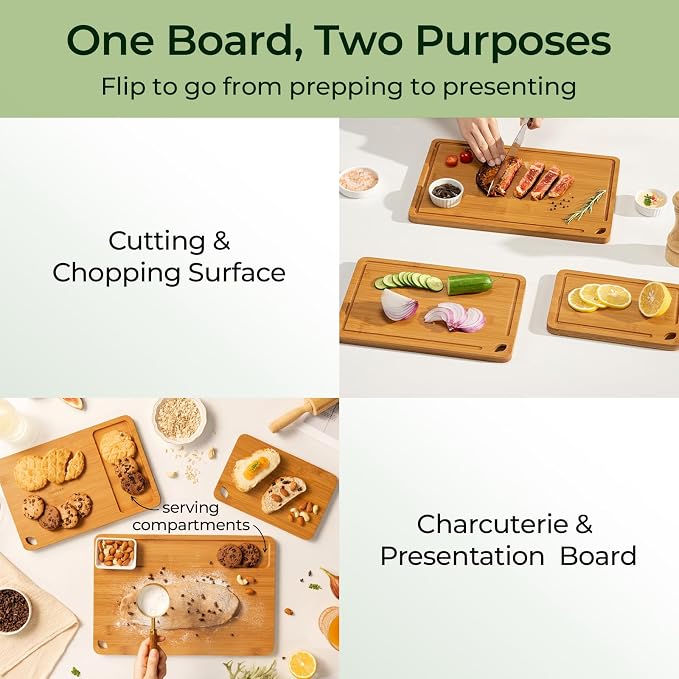 Keechee Bamboo Cutting Board, Durable Wood Cutting Boards for Kitchen with Deep Juice Grooves & Built-in Handles, Ideal Charcuterie & Chopping for Meat, Vegetables and Fruits Ideal Kitchen Gifts