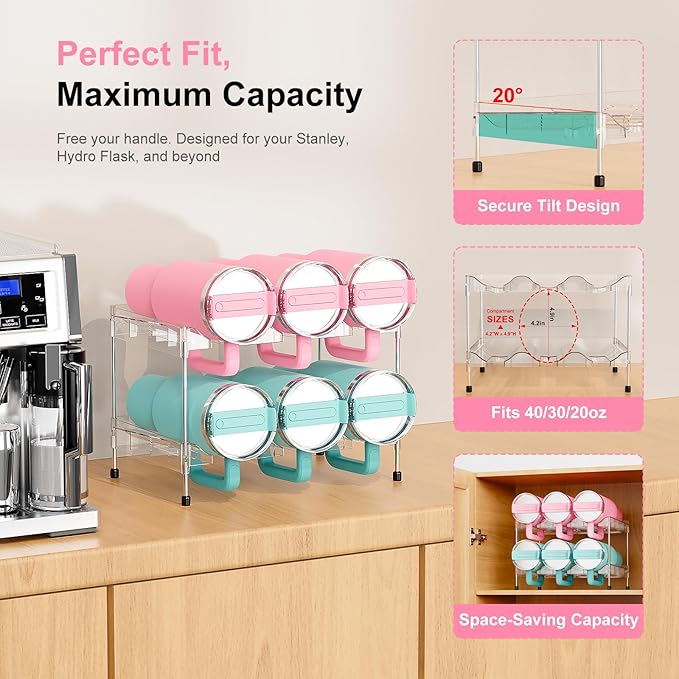 Reusable Stackable with Handle Compartment Water Bottle Tumbler Organizer for Stanley 40oz with Handle Cup, Stanley Accessories for Pantry, Cabinet & Kitchen Organization and Storage,2 Tier Hold 6